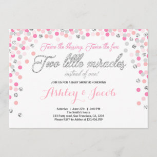 Twin Baby Shower Invitation Girls Pink and silver