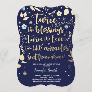 Twin Baby Shower Invitation Gold Blue navy boy