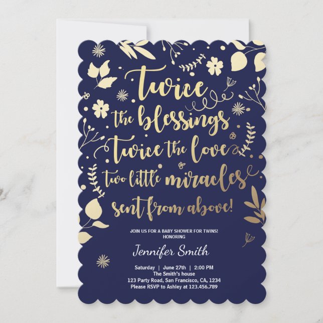 Twin Baby Shower Invitation Gold Navy Floral (Front)