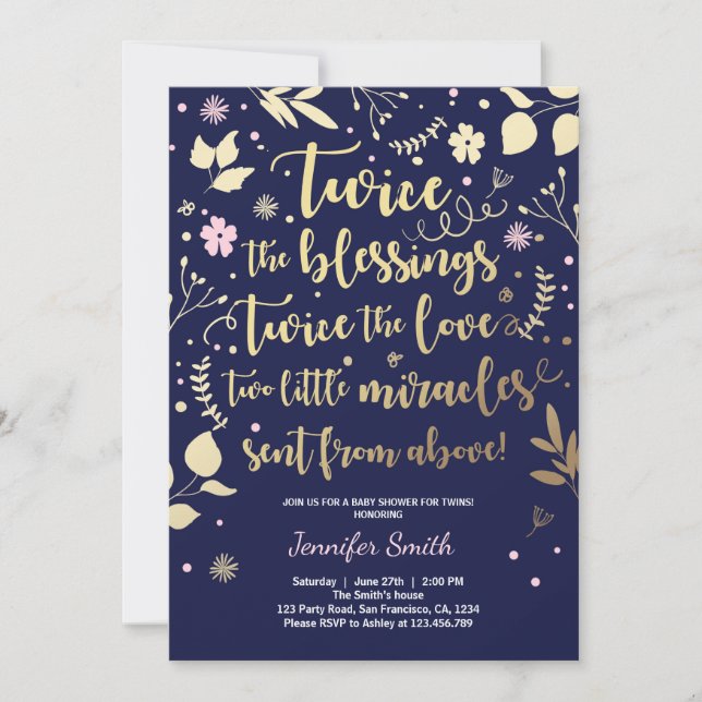 Twin Baby Shower Invitation Gold Pink Navy Girl (Front)