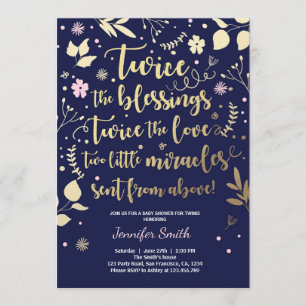 Twin Baby Shower Invitation Gold Pink Navy Girl