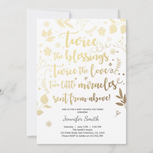 Twin Baby Shower Invitation Gold white Blessings