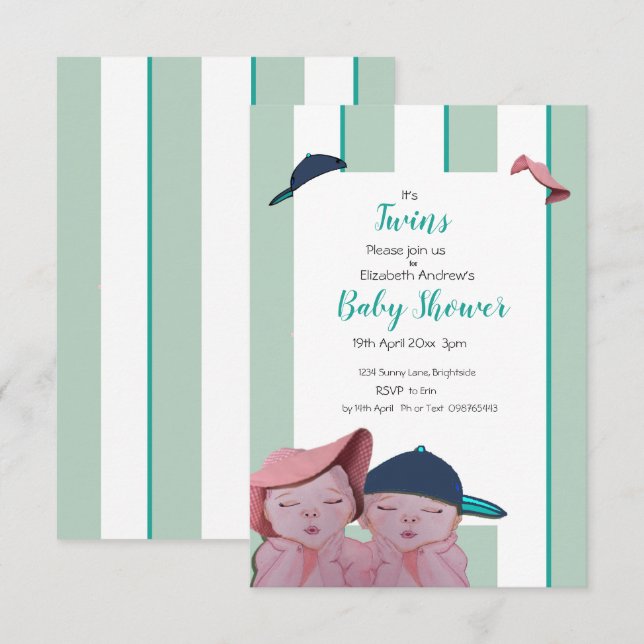 Twin Baby Shower Invitation in green stripe (Front/Back)