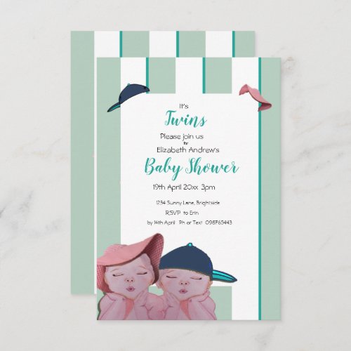 Twin Baby Shower Invitation in green stripe