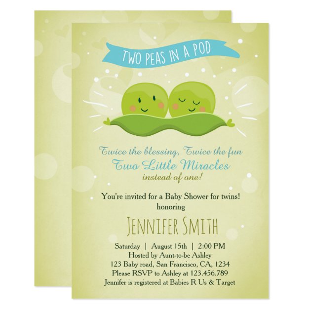 Twin Baby Shower Invitation Two Peas In A Pod Blue