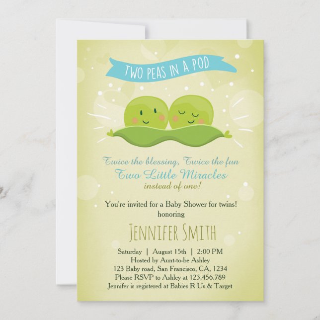 Twin Baby Shower Invitation Two Peas In A Pod Blue (Front)