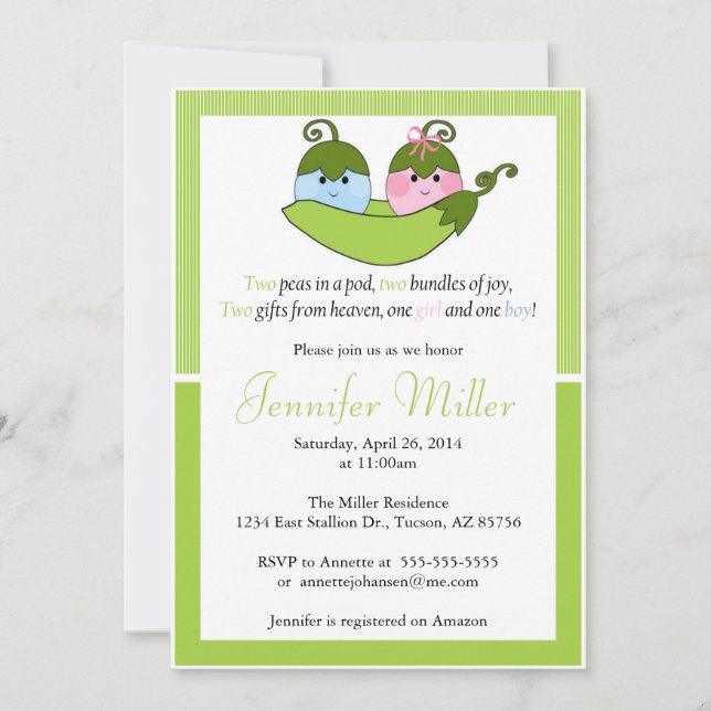 Twin Baby Shower Invitation, Two Peas In A Pod Invitation (Front)