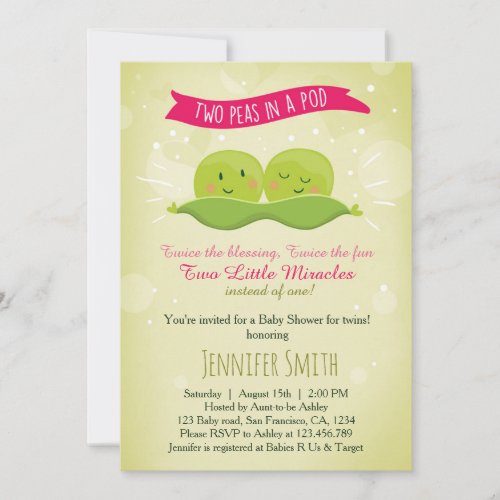 Twin Baby Shower Invitation Two Peas In A Pod Pink