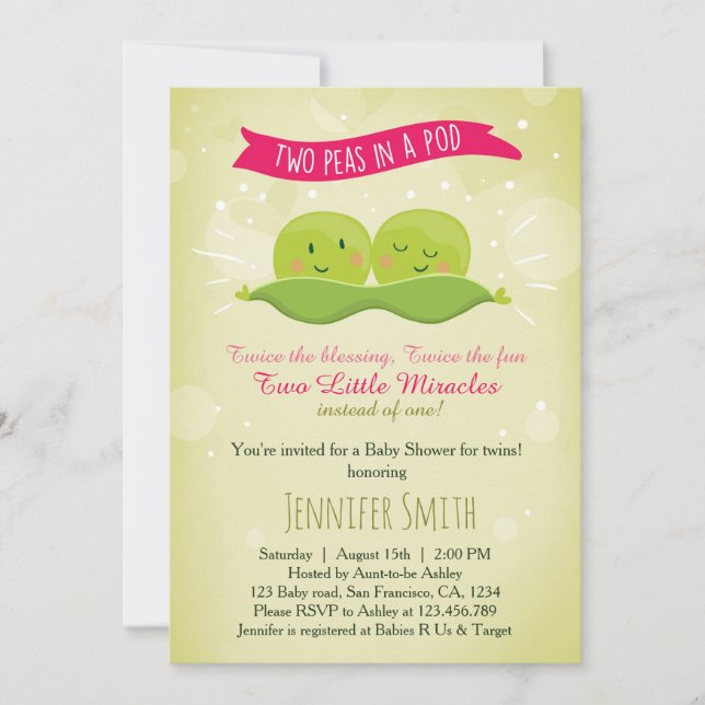 Twin Baby Shower Invitation Two Peas In A Pod Pink (Front)