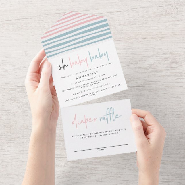 Twin baby shower pink blue modern typography  all  in one invitation (Tearaway)