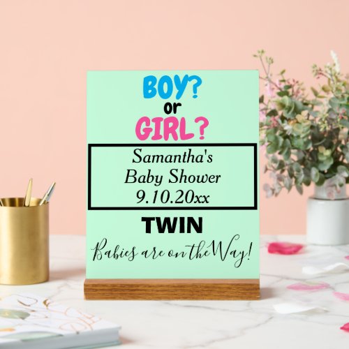 Twin Baby Shower Pink Blue Mom to Be NAME Green Acrylic Sign