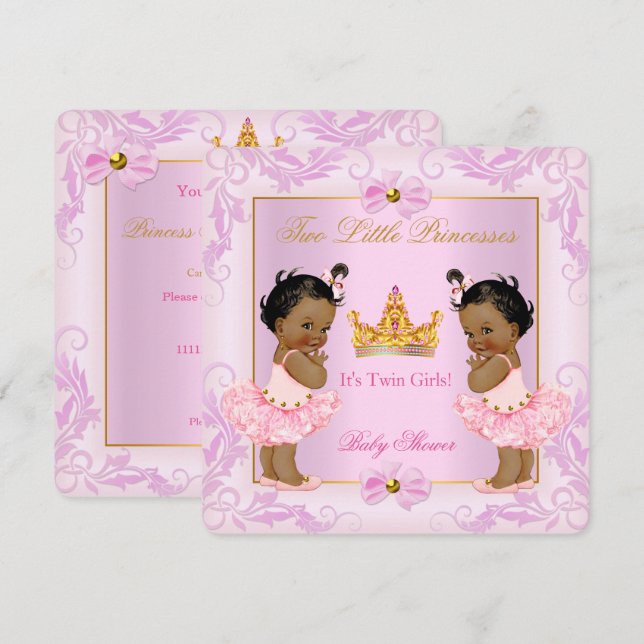 Twin Baby Shower Princess Tiara Girl Pink Ethnic Invitation (Front/Back)