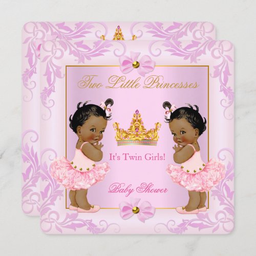 Twin Baby Shower Princess Tiara Girl Pink Ethnic Invitation