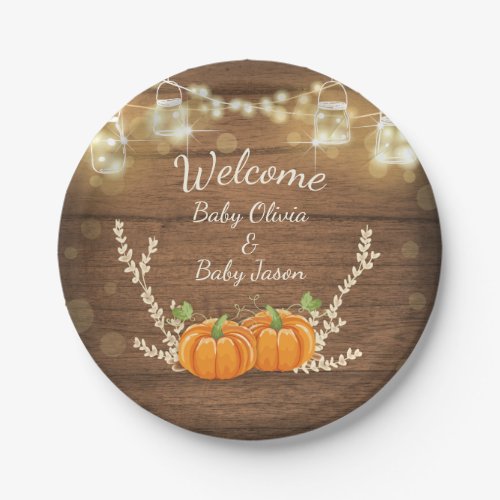 Twin baby Shower Pumpkins Plates Rustic Wood