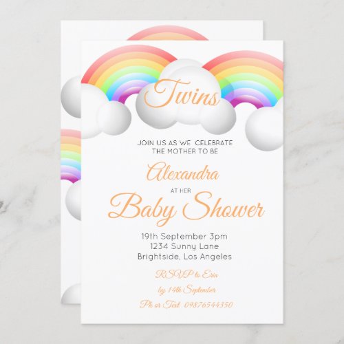 Twin Baby Shower Rainbow Clouds Colorful Invitation