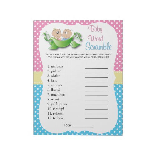 Twin Baby Shower _ Two Peas In A Pod Word Game Notepad