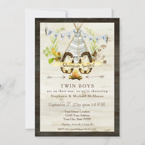 Twin Baby Shower Woodland Animal Teepee Hedgehog Invitation