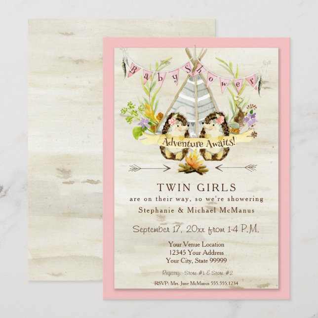Twin Baby Shower Woodland Animal Teepee Hedgehog Invitation (Front/Back)