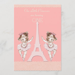 Twin Ballerinas Eiffel Tower Chevrons 1st Birthday Invitation
