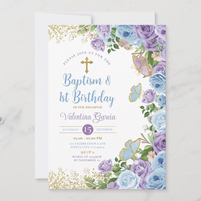 Twin Baptism & 1st Birthday Purple and Blue Floral Invitation (Front)