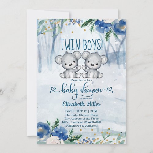 Twin Bear Cubs Winter Baby Shower Invitation