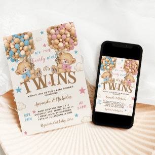 Twin Bears Boy Girl Stars & Balloons Baby Shower Invitation