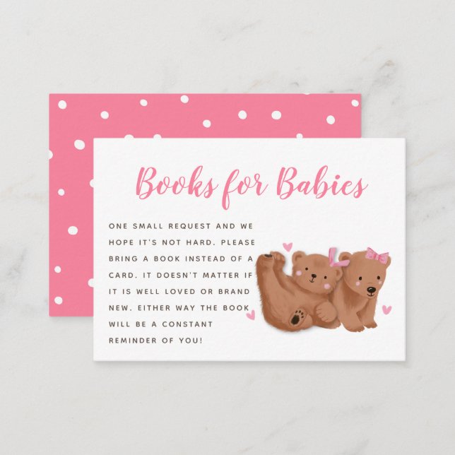 Twin Bears Theme Girls Baby Shower Book Request Enclosure Card (Front/Back)