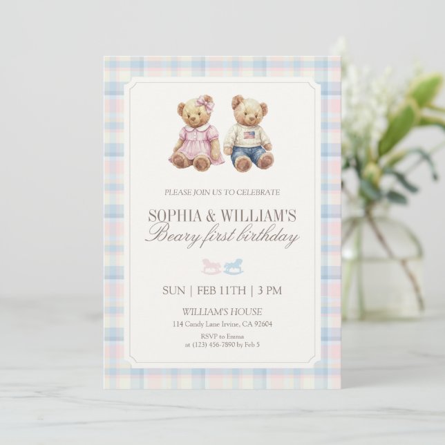 Twin Beary First Birthday Teddy Bear Plaid Invitation (Standing Front)