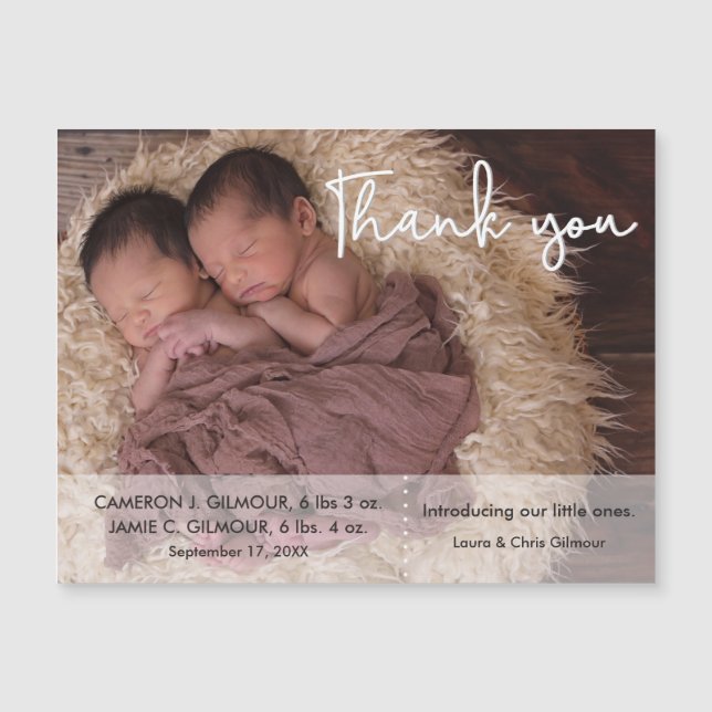 Twin Birth Announcement, Modern Script, Thank You (Front)