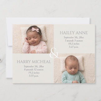 Twin Birth Ivory Gray Announcement