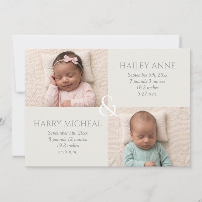 Twin Birth Ivory Gray Announcement (Front)