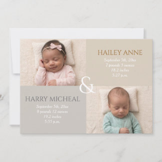 Twin Birth Neutral Announcement