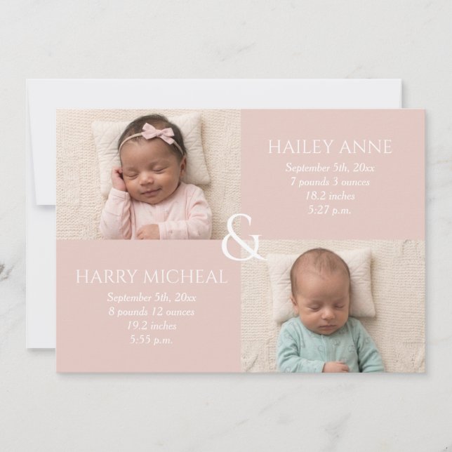 Twin Birth Soft Pink Announcement (Front)