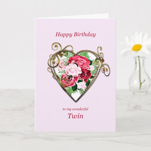 Twin Birthday Antique Painted Roses Card