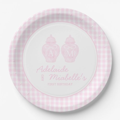 Twin Birthday Ginger Jars Coquette Pink Gingham  Paper Plates