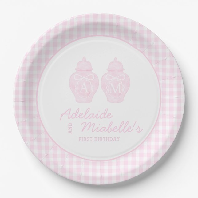 Twin Birthday Ginger Jars Coquette Pink Gingham  Paper Plates (Front)