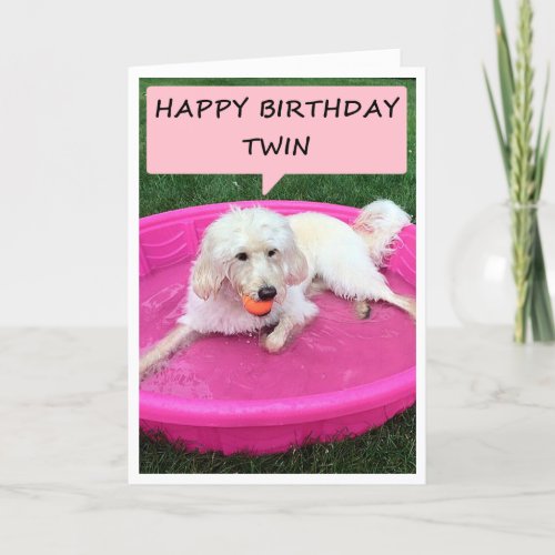 TWIN BIRTHDAY GREETINGS FROM DOG IN SWIMMING POOL CARD