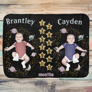 Twin Black Celestial Space & Stars Milestone Baby Blanket