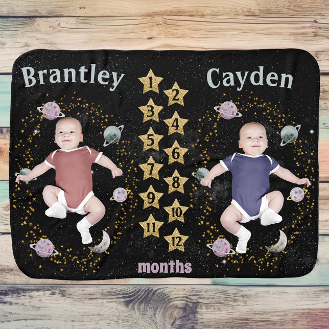Twin Black Celestial Space & Stars Milestone Baby Blanket (Twin monthly milestone blanket with space and stars theme)