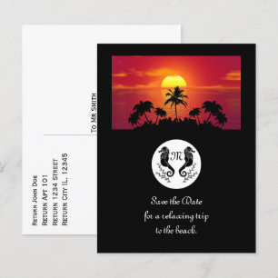 Twin Black Seahorse Silhouette Monogram Photo Invitation Postcard