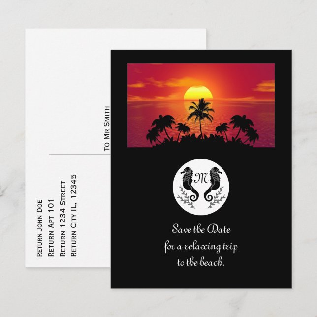 Twin Black Seahorse Silhouette Monogram Photo Invitation Postcard (Front/Back)