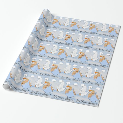 Twin Blonde Boys _ Stork Baby Shower Wrapping Pape Wrapping Paper