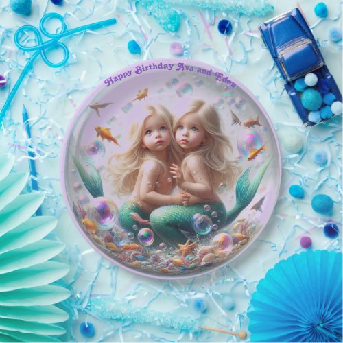 Twin Blonde Little Mermaids Bubble Paper Plates