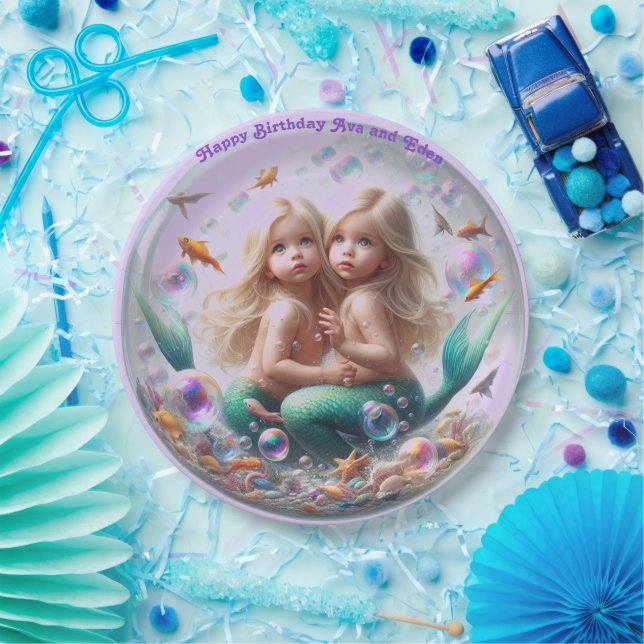 Twin Blonde Little Mermaids Bubble Paper Plates (Party)