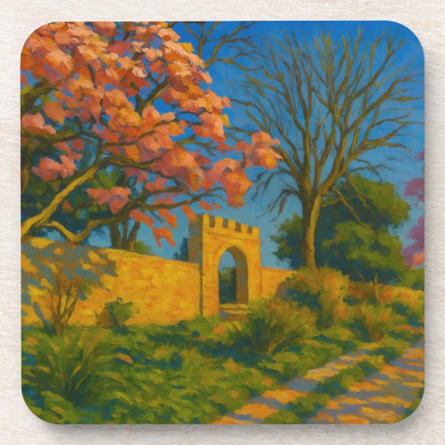 Twin Blossoms – Tranquil Garden Path Painting Beverage Coaster (Front)
