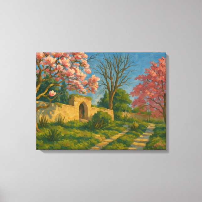 Twin Blossoms – Tranquil Garden Path Painting Canvas Print (Front)