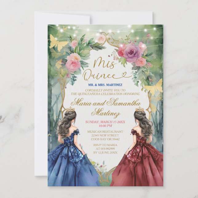 Twin Blue and Red Dress Floral Princess Mis Quince Invitation (Front)