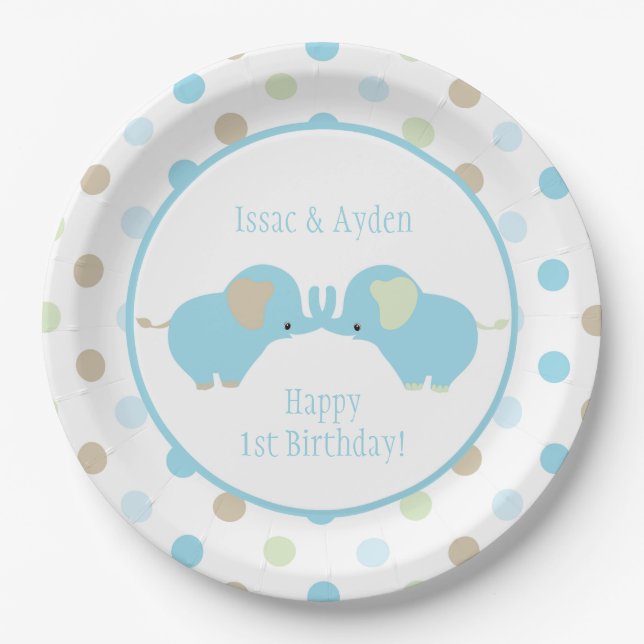 Twin Blue Baby Elephants Polka Dots Birthday Party Paper Plates (Front)