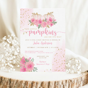 Twin Blush Pink and Gold Fall Pumpkin Baby Shower Invitation
