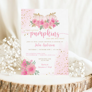 Twin Blush Pink and Gold Fall Pumpkin Baby Shower Invitation
